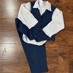 Van Heusen Navy Blue Vest and Pants with White Patterned shirt 12 month